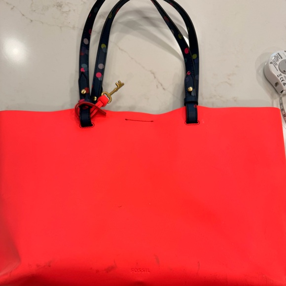 Fossil Handbags - Fossil Neon Coral Tote Bag Large Shopper Beach Travel Bag Polka Dot Straps